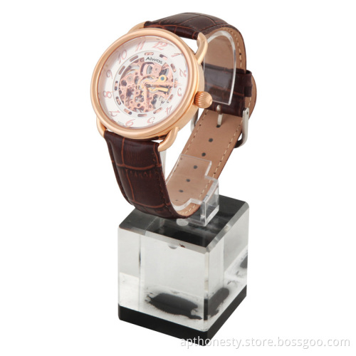 3 Needles Men Hollow Mechanical Watch with Cow Leather Bracelet Apt-M004
